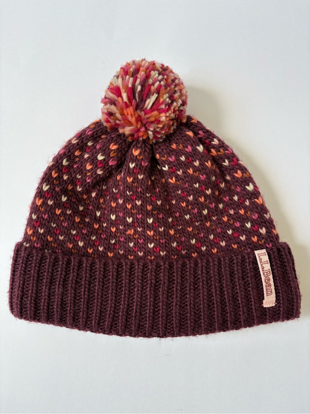 L.L.Bean Kids' Sweater Weather Hat Pompom Deep Rosewood Knit Heart L Warm Cute